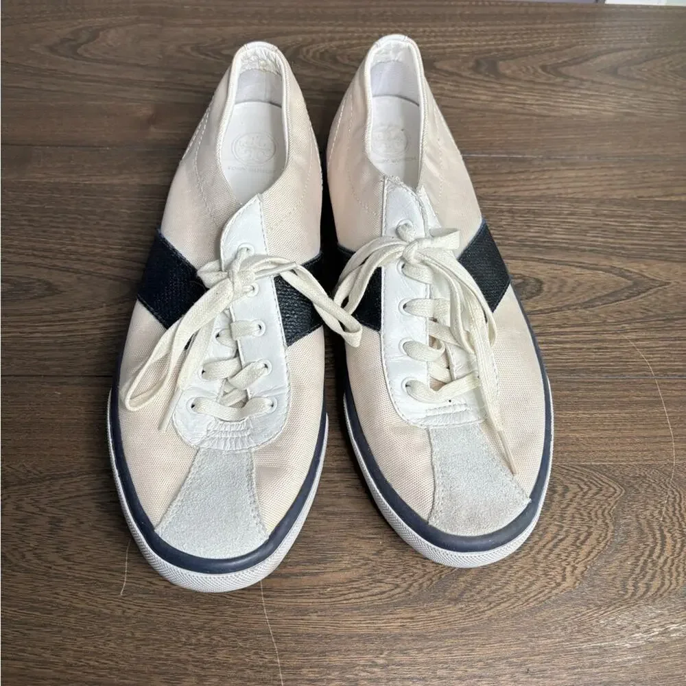 Tory Burch White Navy Stripe Lace Up Sneakers Rubber Sole 9